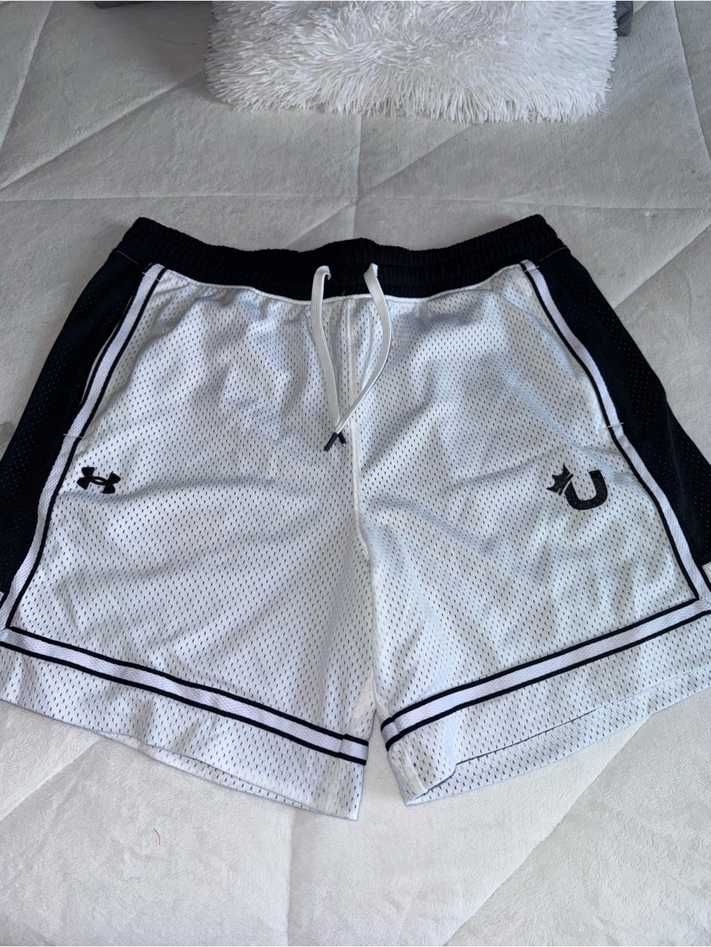 Under Armour White and Black Mesh Athletic Shorts with Drawstring